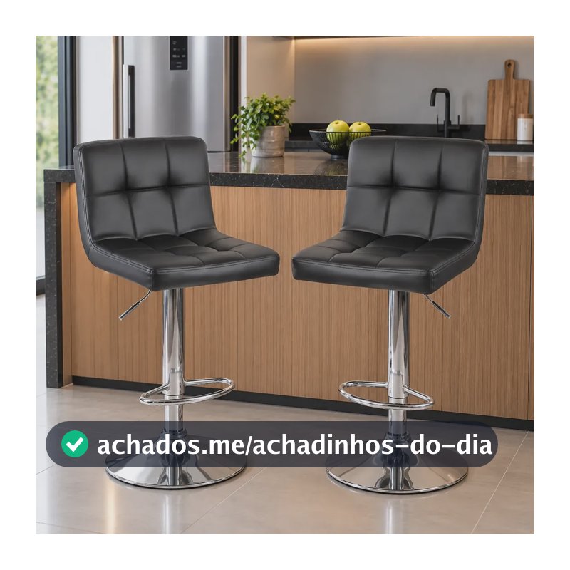 Kit 2 Banquetas Para Cozinha Giratória Alta Gomos Preta Cromado Preto