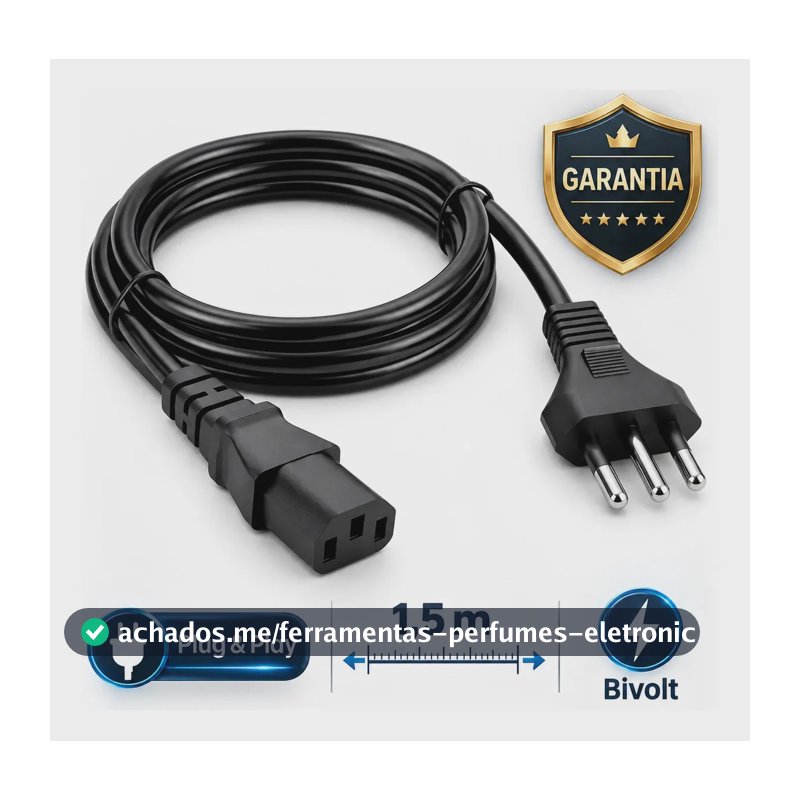 Cabo De Força Energia Tripolar IEC C13 Para Pc Monitor Impressora 1,5m Metros Padrão Brasileiro Bivolt 110v 220v Computador Reforçado Alta Durabilidade Compatível Cpu Fonte Tv Nobreak Eletric Teck