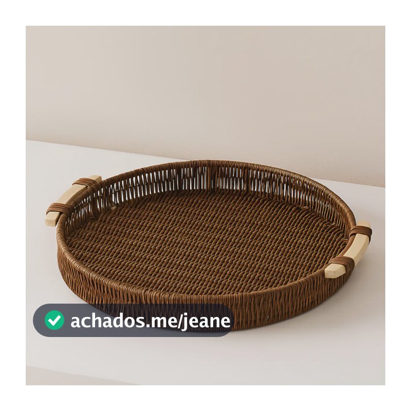 Bandeja Redonda de Rattan WL Center Marrom-Escuro 30cm Para Café