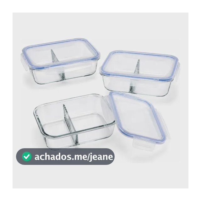 Conjunto 3 Potes Hermético Vidro C/ Divisória Marmita 640ml Transparente