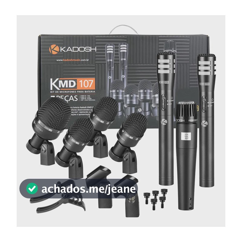 Kit 7 Microfones De Bateria Percussão Para Bumbo Caixa Tons Prato Kmd-107 Kadosh Cor Preto