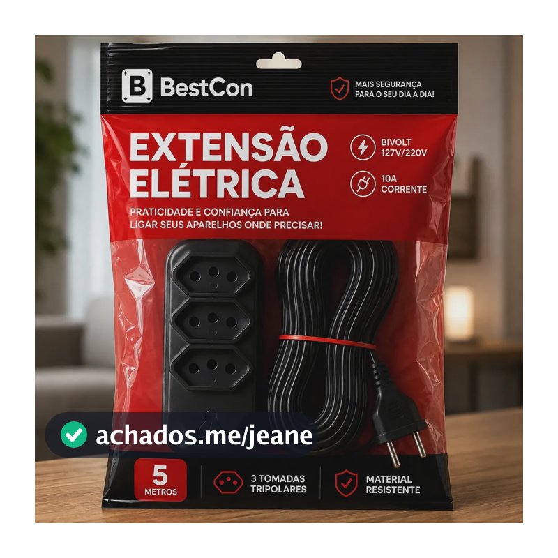 Extensão Elétrica 5 Metros Preta Filtro De Linha 3 Tomadas Energia Bivolt Tripolar Compacta Bestcon