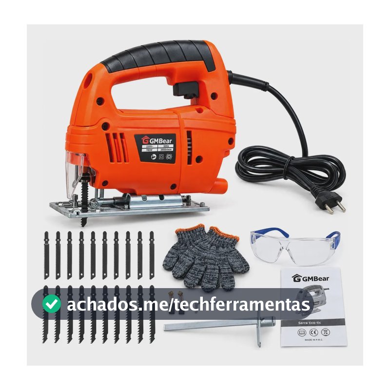 Serra Tico Tico Elétrica Marceneiro Profissional, 780W, Serra Tico Tico Profissional 3800rpm, Base Ajustável6 Velocidades para Madeira e Metal, com 20 lâminas de serra, um par de óculos de segurança