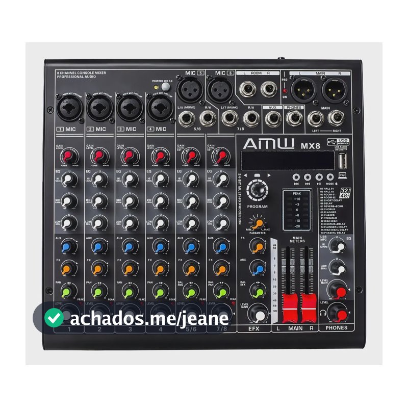 Mesa de Som Analógica AMW MX8 v2 8 Canais Bluetooth USB Reverb Delay