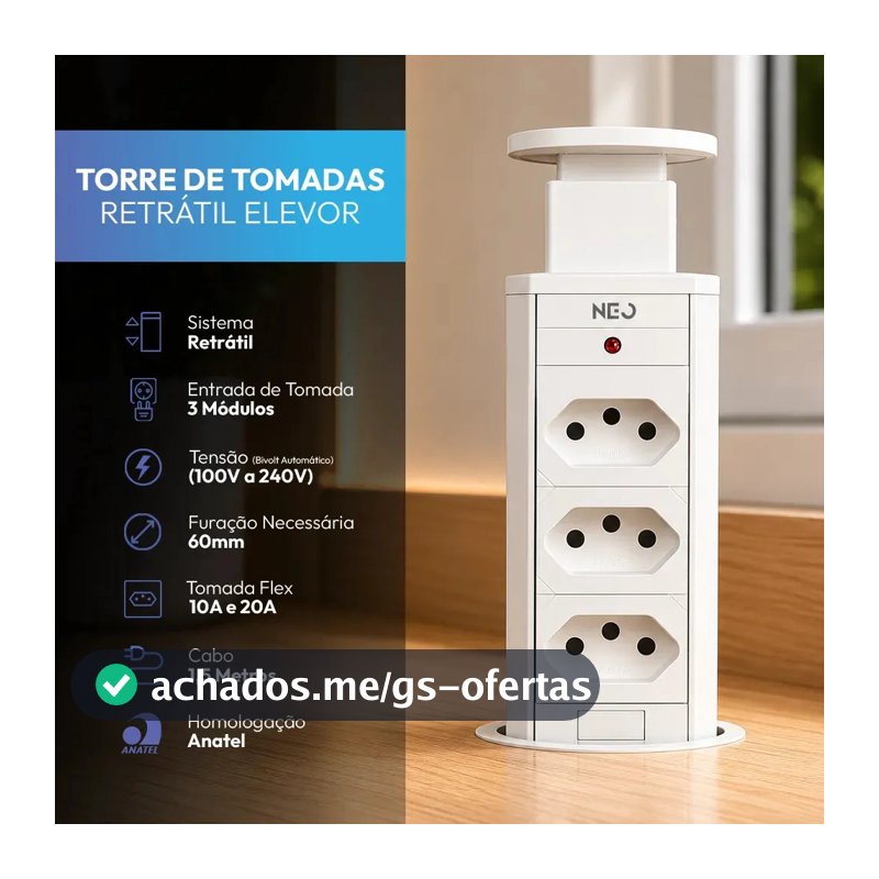 Torre 3 Tomadas Embutir Retrátil Elevor Para Bancada Branco Cod: 370025676 Neo Avant