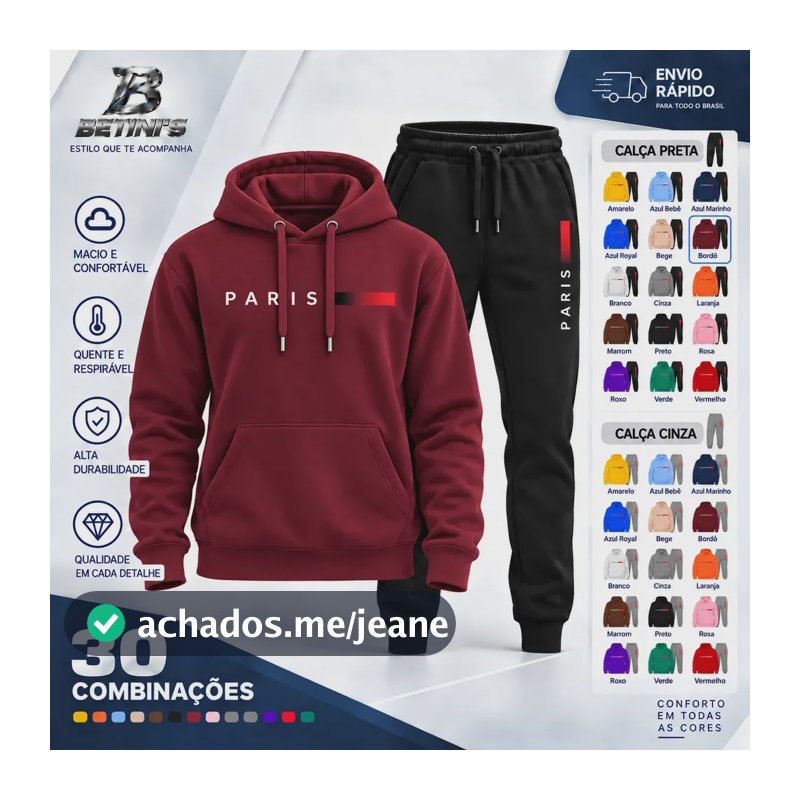 Conjunto Moletom Calça Unissex Paris Canguru Casaco Frio G Bordô + Preto