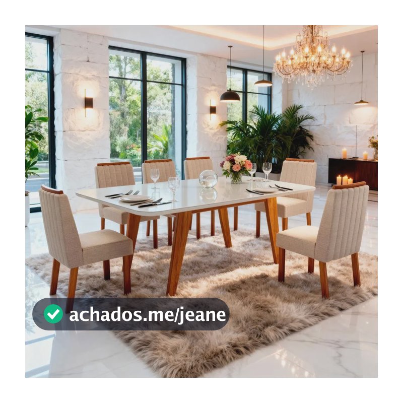 Sala De Jantar 180x90 Mavie Mdf/vidro 6 Cad. Eva Bom Pastor Off-white Naturale Linho Off
