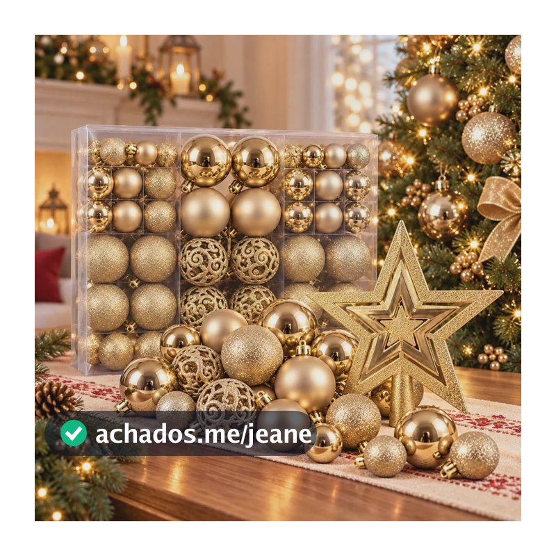 Kit Bolas De Natal Decoração Árvore Com Estrela 101 Pçs Dourado