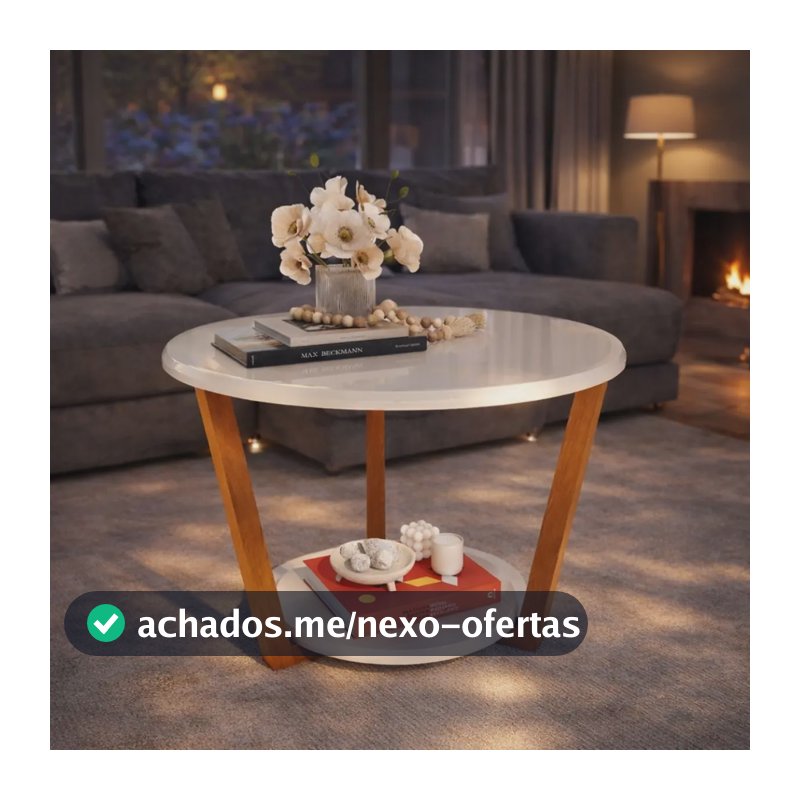 Mesa De Centro Redonda Tampo Mdf Sala Pés Em Madeira Lateral Canto Pandora Plus Off White