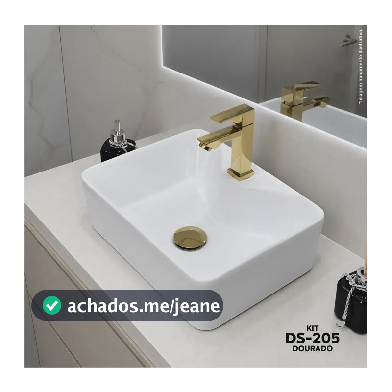 Kit Completo De Cuba Pia Apoio 30x40 Branca Louça Banheiro Lavabo Com Brinde De Válvula Click Dourada + Torneira Lavatório Dourada Bica Baixa Metal Grátis Quadrada Acompanha Itens De Graça