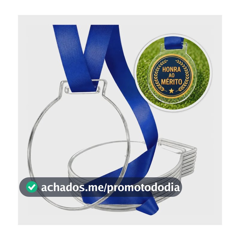 Kit 100 Medalhas Redondas 5cm Acrílico Cristal 2mm Fita Azul
