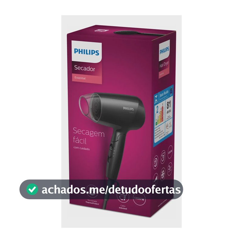 Philips Secador de Cabelo Essential 1200W Compacto com ThermoProtect Secagem prática e suave | Cabo dobrável para viagem | 3 ajustes de secagem | BHC010/81