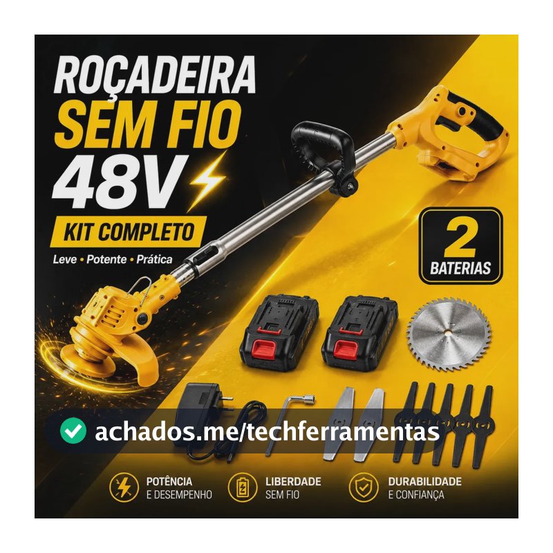 Roçadeira Elétrica Sem Fio 48V Aparador Cortador de Grama Mato e Capim a Bateria Recarregável com 2 Baterias Kit Completo Bivolt Amarela
