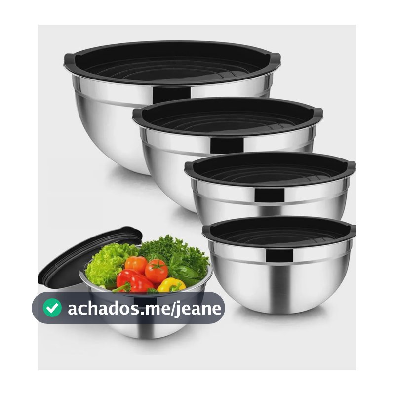 Kit 5 Tigelas Inox Com Tampa Plástica Utensílios Cozinha Cinza