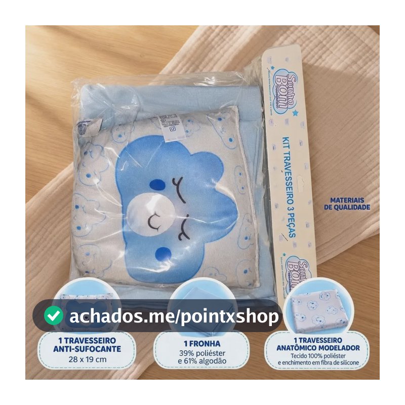 Kit Travesseiro Bebê 3 Peças Anatômico Antissufocante Fronha Azul-celeste