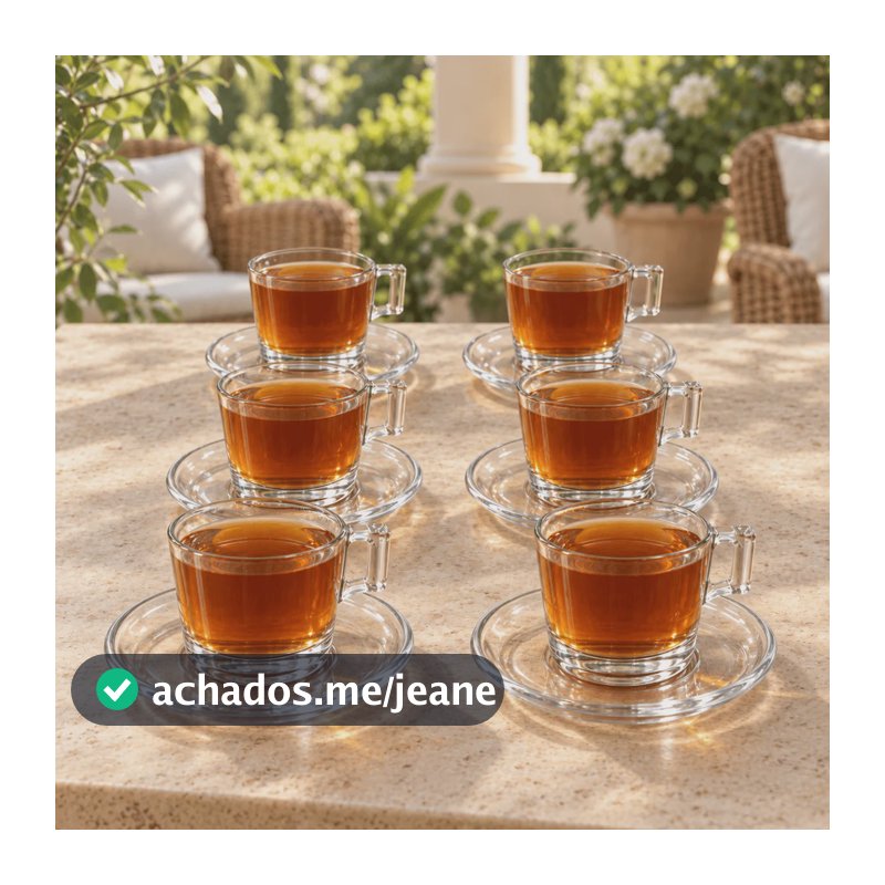 Jogo De Xícaras Com Pires 12 Peças Lotus Vidro Cafe Cha Transparente