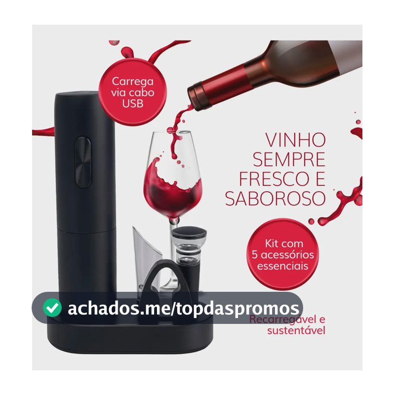 Kit Abridor De Vinho Elétrico Recarregável Usb - Saca Rolhas Preto Com Base