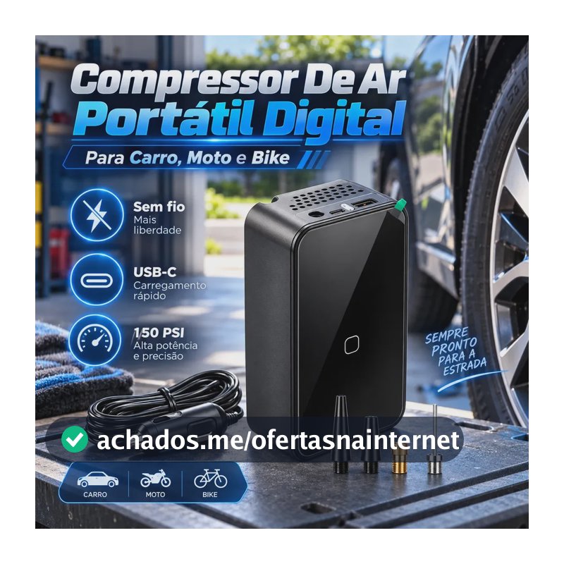 Compressor Bomba De Ar Elétrica Digital Portátil Pneu Carro 4000mah USB-C Recarregável Bike Carro Moto Com Lanterna Emergência