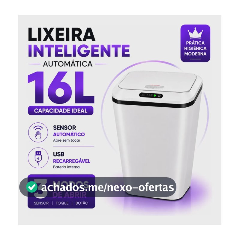 Lixeira Inteligente Automática 16L Sensor Infravermelho Recarregável USB-C 3 Modos Tampa Touch Banheiro Cozinha