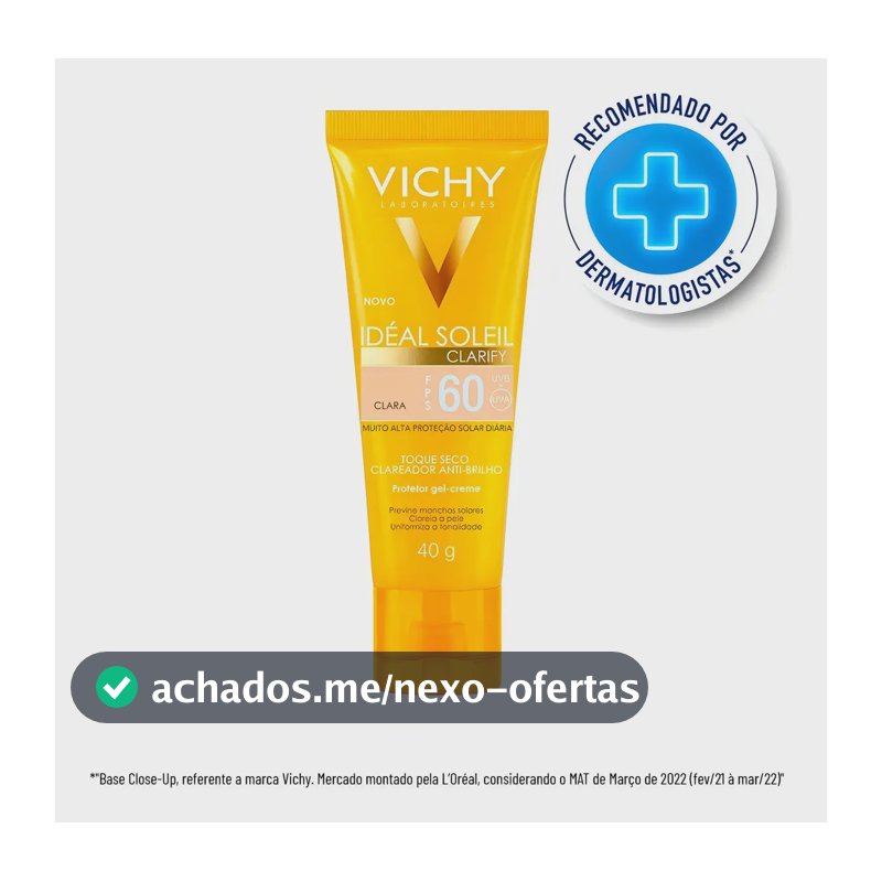 Protetor Solar Facial com Base FPS 60, Ação Clareadora Antibrilho, Previne Manchas Solares, Efeito Matte Toque Seco, Cor Clara, Clarify Capital Soleil Vichy 40g