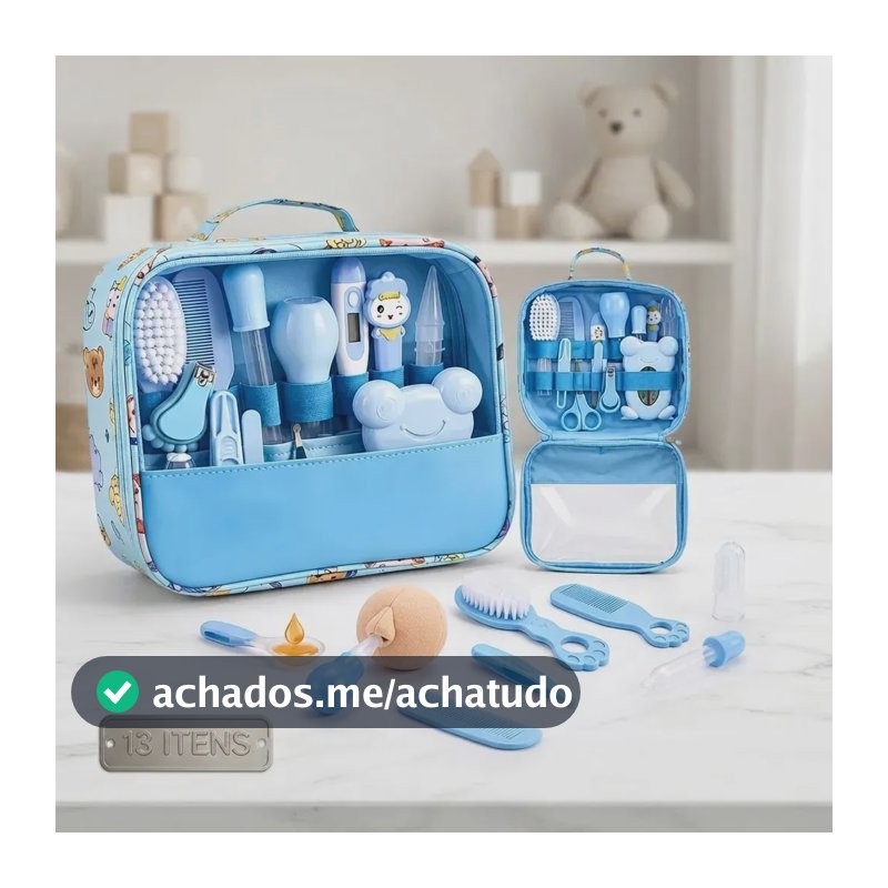 Kit Higiene Bebê Completo Azul Bolsa Maternidade Termômetro Digital Escova Pente Cortador Unha Aspirador Nasal Cuidados Recém Nascido Enxoval Acessórios Higiene Infantil
