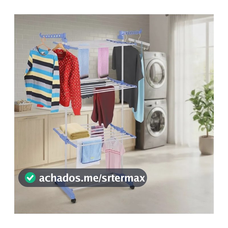 Varal De Chão Grande De Roupas 3 Andares Dobrável Cor Azul Kontuz 170 cm