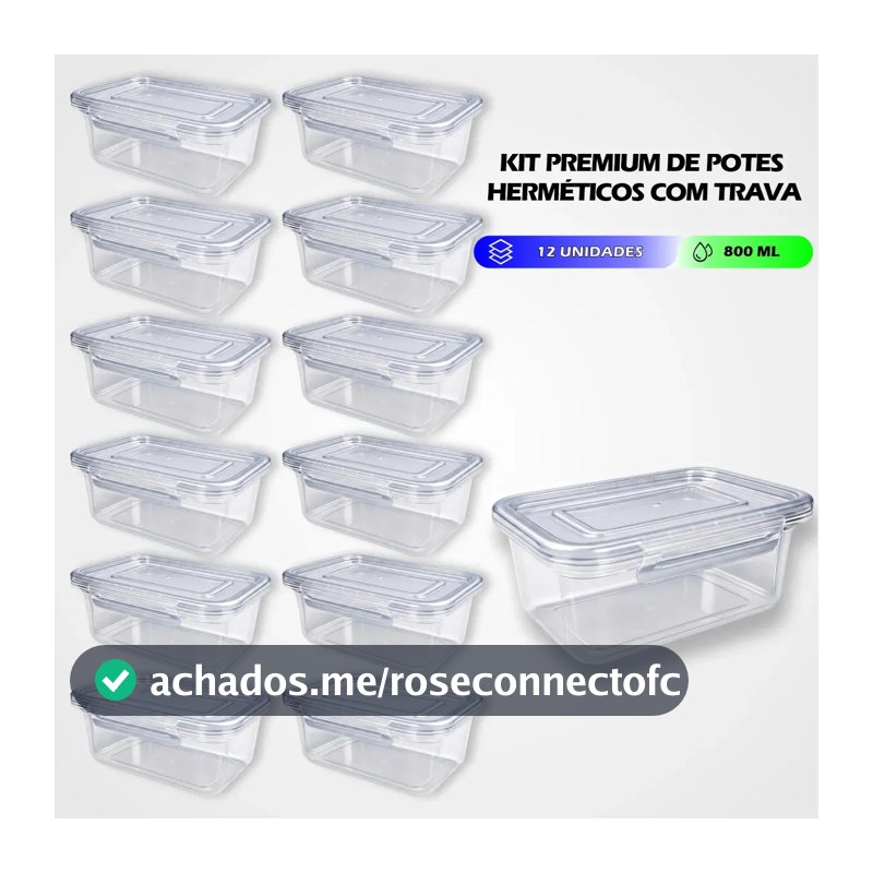 Kit 12 Marmitas 800ml Potes Trava lateral freezer microondas transparente