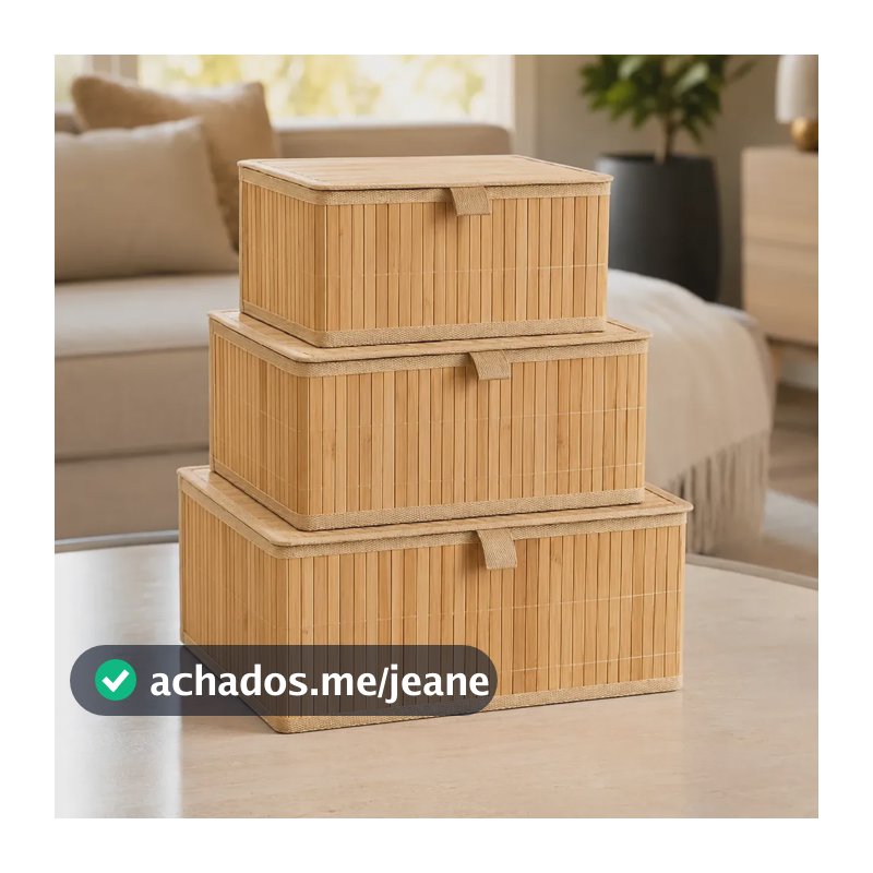 3 Caixa Com Tampa Multiuso Bambu Organizador Tam P M E G Cesto Palha Natural Premium Decoração Ambientes Sala Quarto Cozinha Escritório Moderno Boho Luxo
