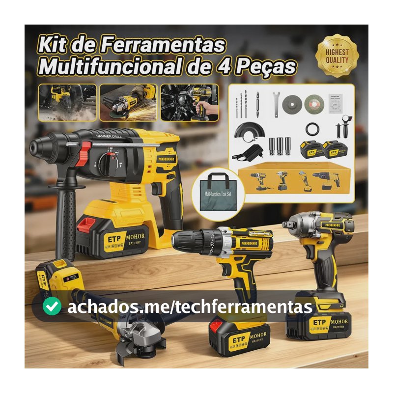 Kit Ferramentas Elétricas MOHOR 4 em 1 com 2 Baterias, Furadeira Parafusadeira, Martelete, Esmerilhadeira e Chave de Impacto