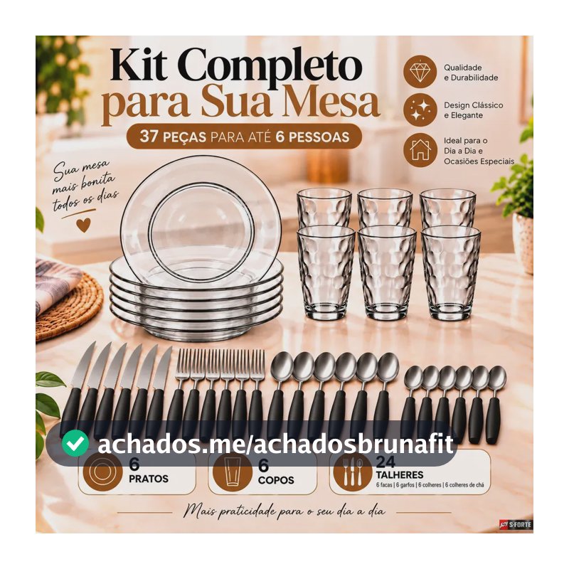 Aparelho de Jantar Sforte com 37 Peças, Pratos e Copos de Vidro, Talheres de Aço Inox e Porta-Talheres Organizador