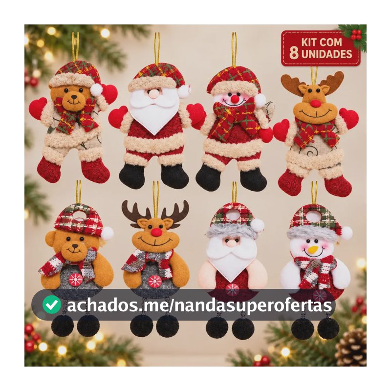 Kit 8 Pendentes Papai Noel Pelúcia Enfeite Árvore Natal Peluciado Premium