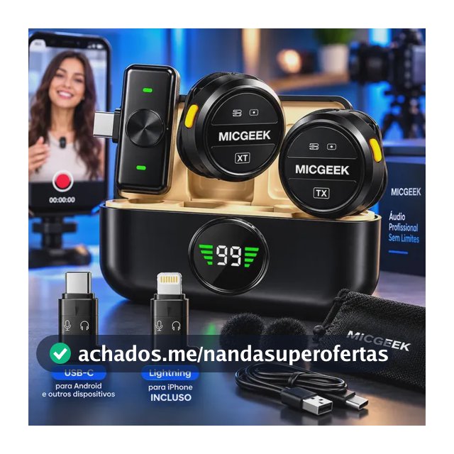 Microfone Lapela Redondo Sem Fio Tipo-C Duplo Anti Ruído P/ Android E iPhone 15 16 17 Com Caixinha Para Carregamento Cor Preto MICGEEK