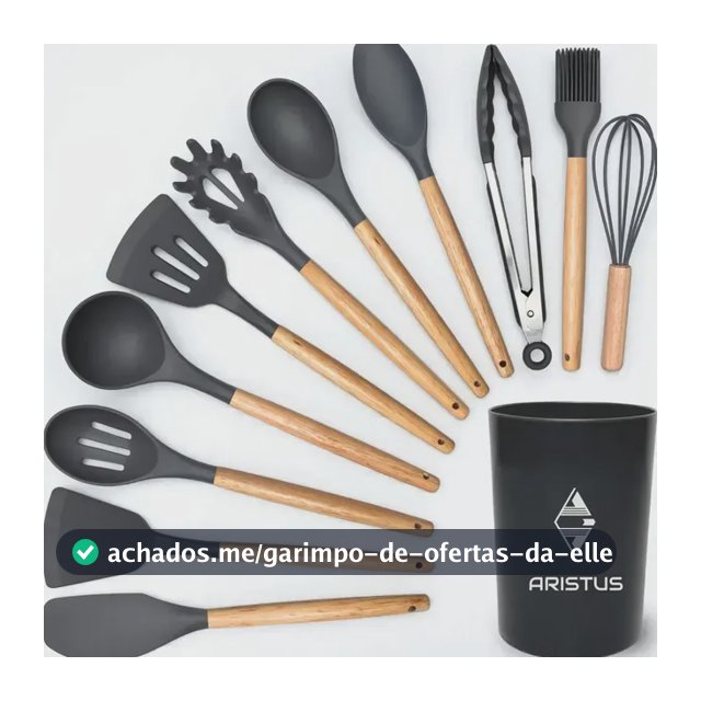 Kit 12 Utensílios De Silicone Com Cabo De Madeira - Marca Aristus Com Alta Resistência, Durável E Com Design Moderno, Perfeito Para Sua Cozinha Cor Cinza