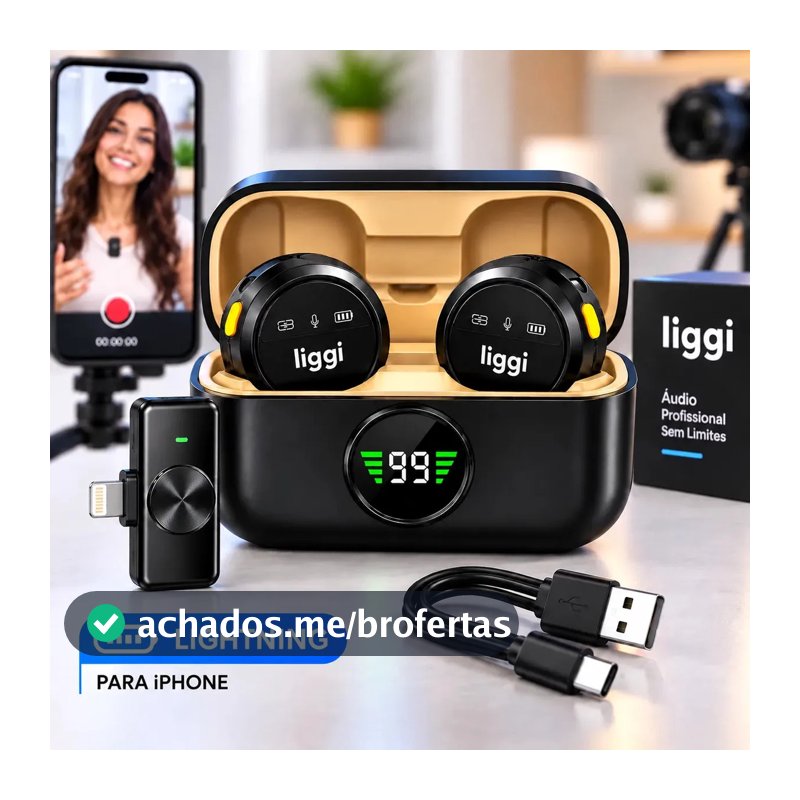 Microfone Lapela Redondo Imã Sem Fio Preto Duplo Anti Ruído Cor Preto - Lightning IPhone 8 ao 14