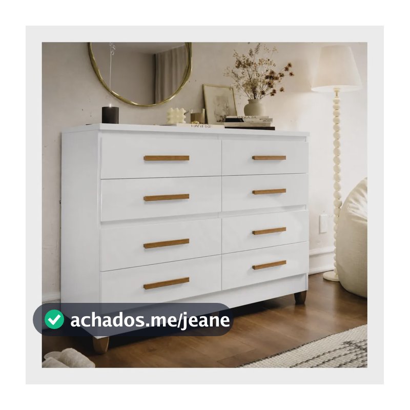 Cômoda 8 Gavetas Lite Casal Solteiro Grande Para Quarto Com Pés Moderna Multiuso Cor Branco
