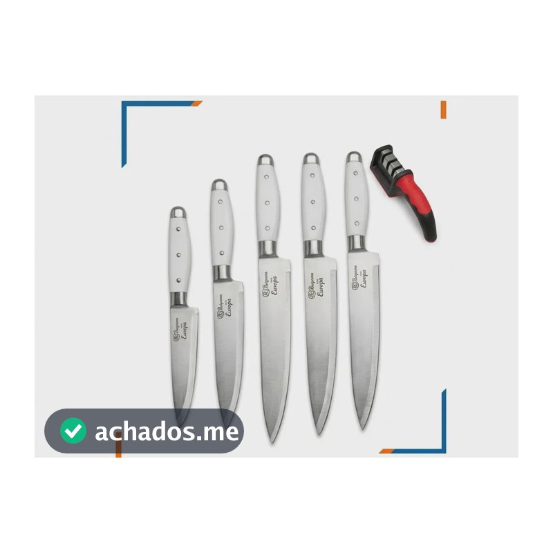 Kit 5 Facas Inox Cozinha Carne Churrasco + Amolador Afiador Sensacional Branco