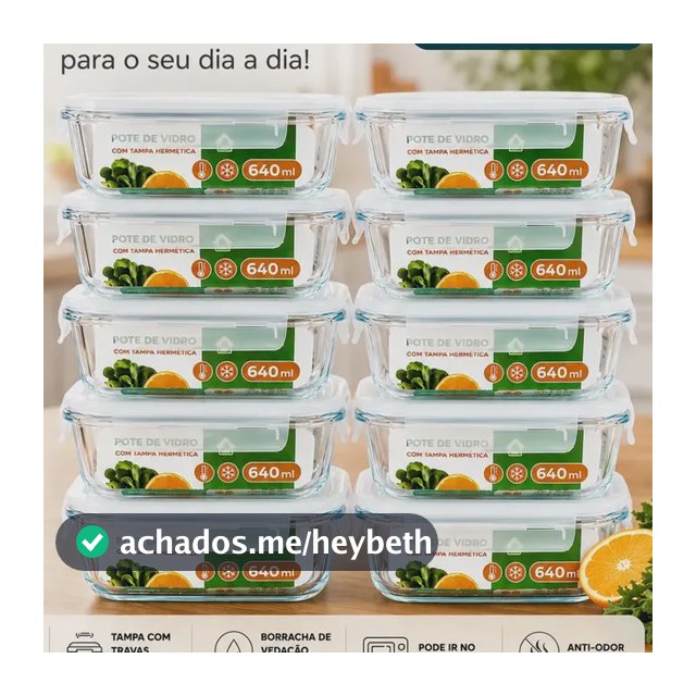 Kit 10 Pote De Vidro Marmita Hermetico 640ml Freezer Fitness Forno Micro-ondas Airfryer Com 4 Travas de Super Vedação Borossilicato Conjunto Organizador de Cozinha Geladeira Anti Vazamento