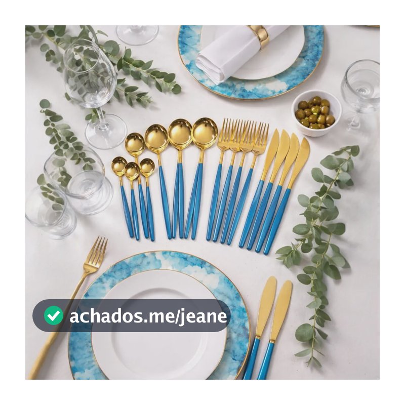 Faqueiro Inox Talheres Slim Faca Garfo Colher Sobremesa 24pç Azul