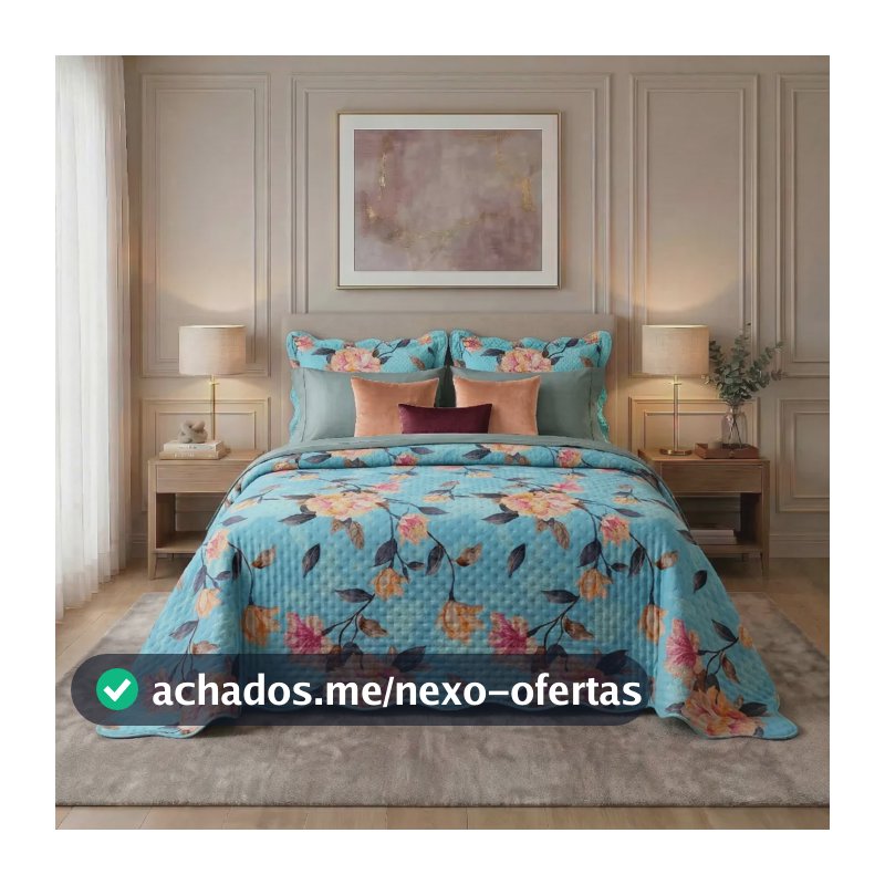 Kit Colcha 3 Peças Cobre Leito Dupla Face Floral Toque Macio Azura