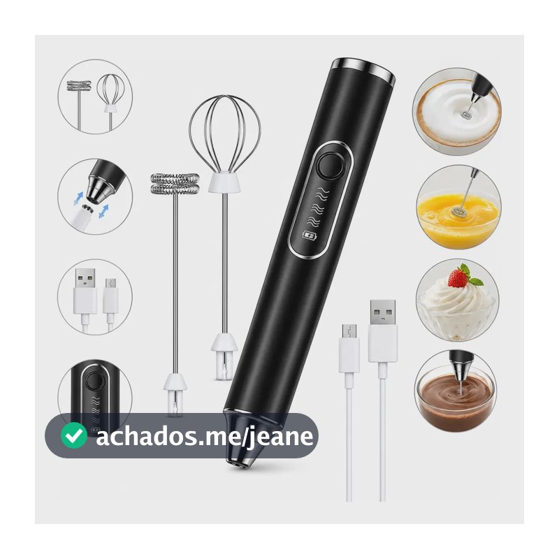 Mixer Portátil Recarregável Usb Batedor Fuê Inox Café 2 Em 1 Preto 5v
