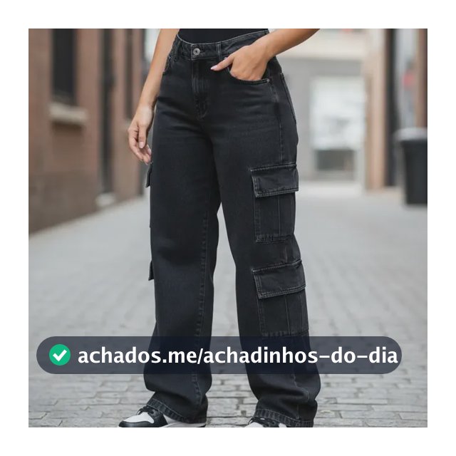 Calça Cargo 8 Bolsos  Jeans Feminina Cintura Alta