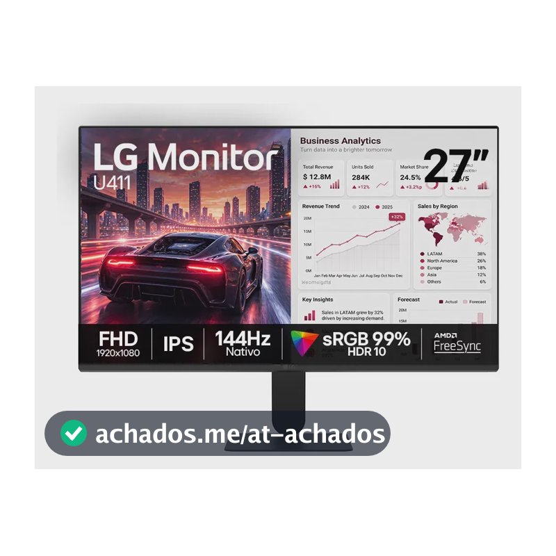 Monitor LG FHD Gamer & Office tela IPS 27”, 1ms (MBR), 144Hz Nativo, FreeSync, HDR10, sRGB, Modo leitura, Flicker Safe, HDMI, Black Stabilizer, Dynamic Action Sync, Preto - 27U411B