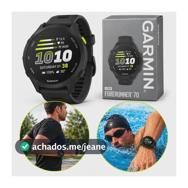 Relógio Garmin Forerunner 70 Monitor Cardíaco Gps 43mm Preto Esportivo Inteligente Digital Corrida Caminhada Academia Treino Fitness Notificações Sono Saúde Atividade Física Pulseira Resistente à Água