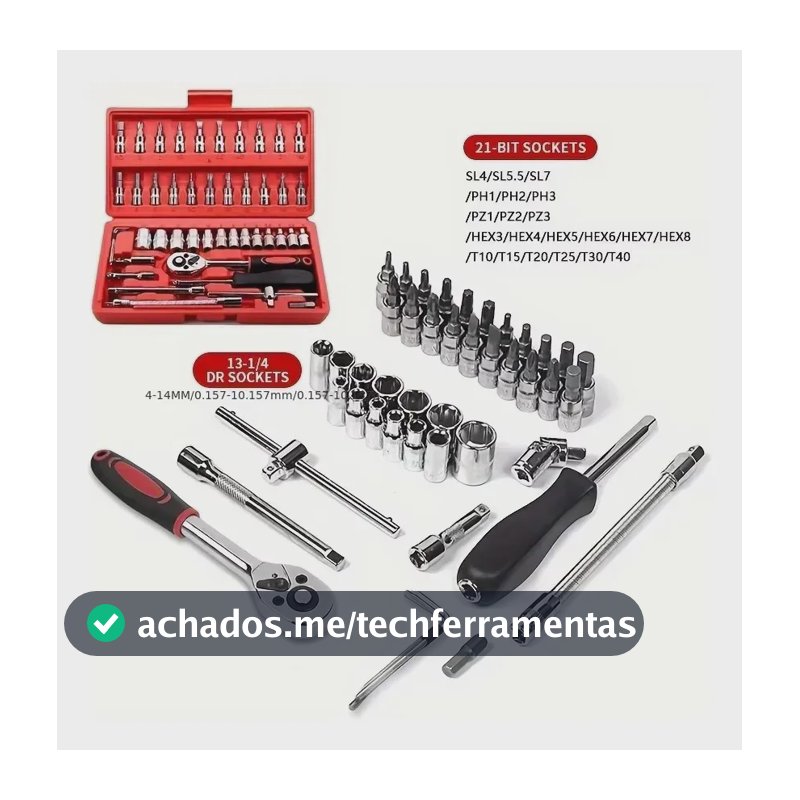 Kit Jogo De Soquetes 46 Peças Com Maleta E Chave Catraca Para Carro e Bikes