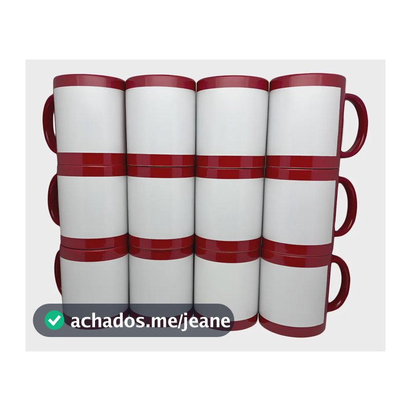Kit com 12 Canecas de Cerâmica com Tarja Fluorescente para Sublimação, Vermelhas