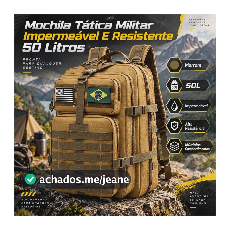 Bolsa Tática Mochila Militar Impermeável E Resistente 50 Litros Marrom Para Viagem Trabalho Estudos