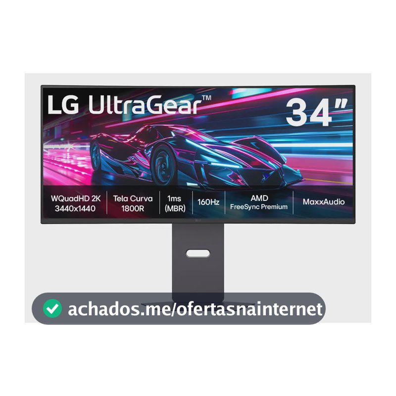 Monitor Gamer LG UltraGear Curvo 34"- QuadHD 2K, UltraWide 1800R, 160Hz, 1ms (MBR), AMD FreeSync Premium, HDR10, MaxxAudio, Preto -34G600A