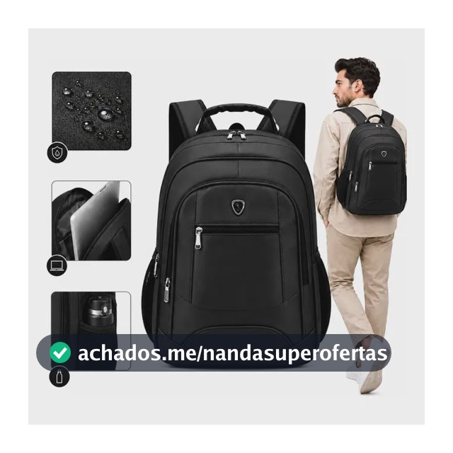 Mochila Masculina Notebook 17 Impermeável Grande 25l Preta Preto Liso
