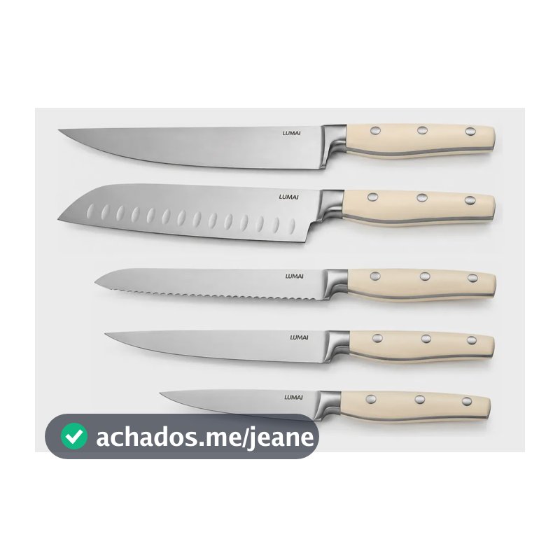 LUMAI Kit Jogo de Facas de Cozinha Dublin Branco 5 Peças em Aço Inox - Faca do Chef, Santoku, Pão, Multiuso e Descascadora - 3 Rebites - Cortar Carnes, Legumes, Verduras, Frutas, Pães e Preparos Diár