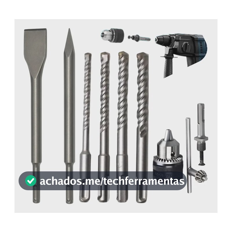 Kit Brocas Ponteiro Talhadeira Mandril Adaptador Profissional Concreto SDS Plus Completo Para Martelete KLM